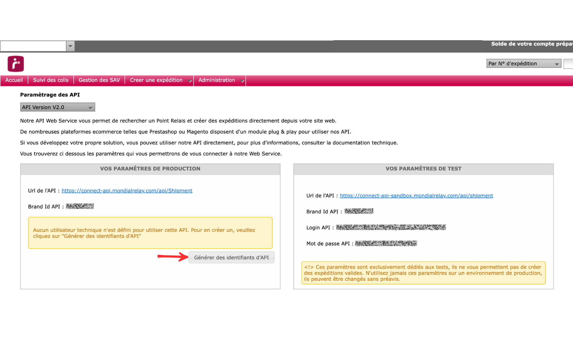 API2 credentials section