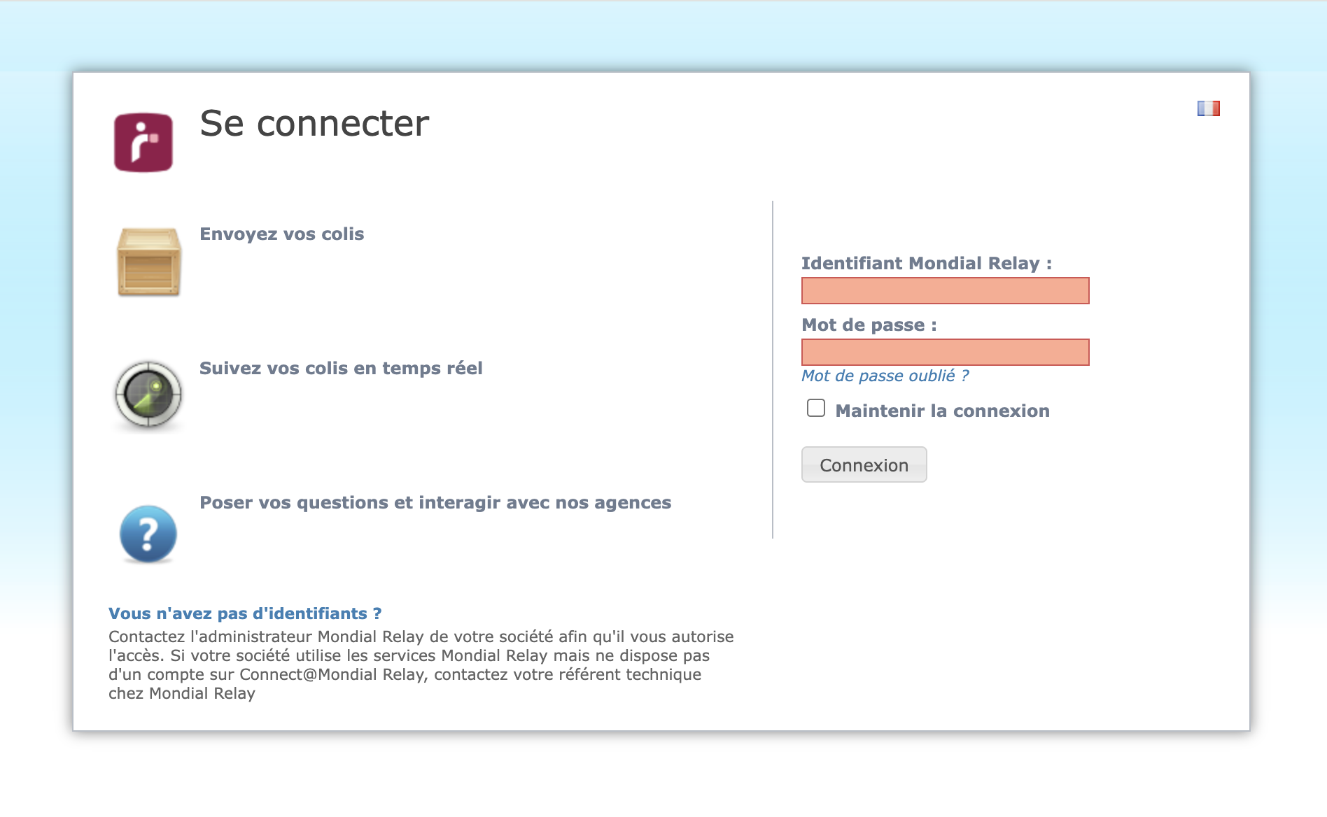 Mondial Relay login page