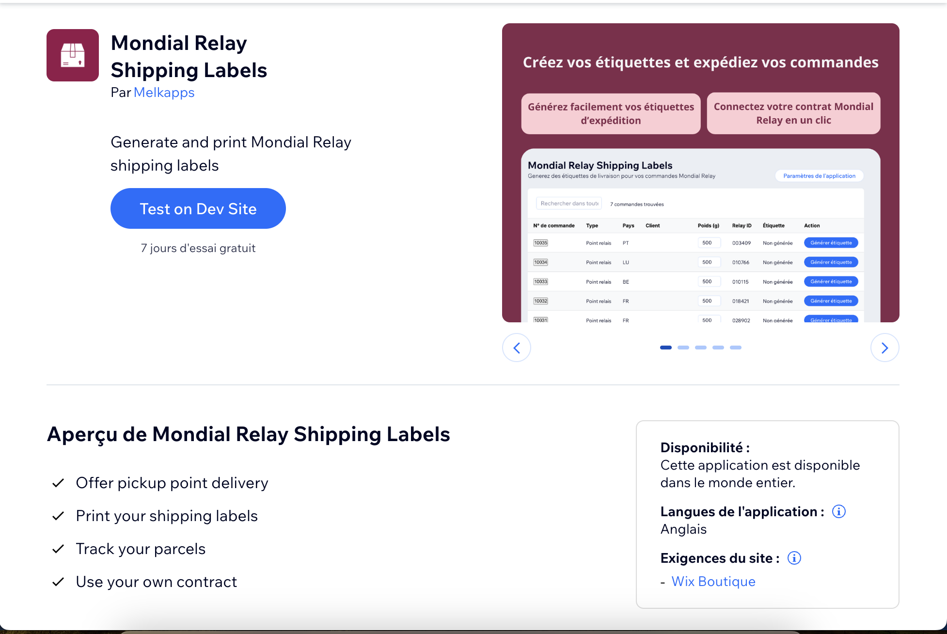 Install Mondial Relay app from Wix App Market