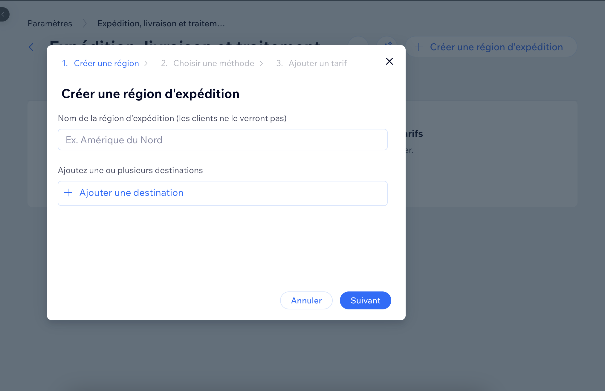Create shipping region with destinations